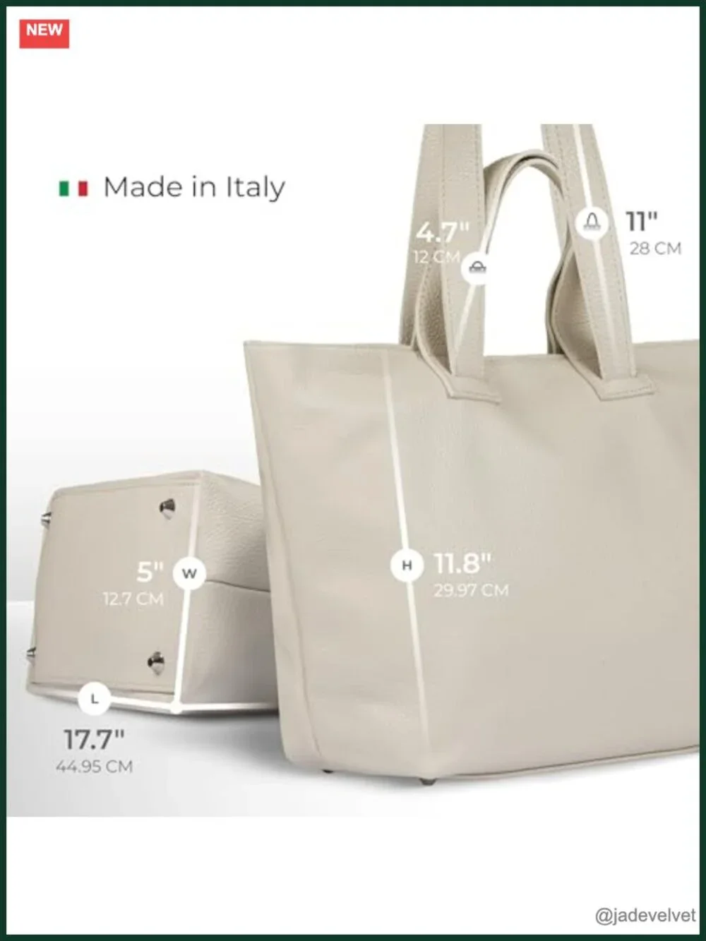 Genuine Italian Calf Leather Tote Bag with Zipper & Double Straps Large Laptop